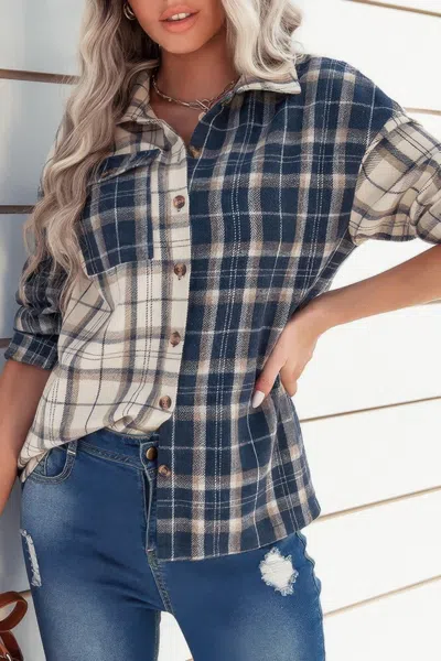 Fashnzfab Plaid Block Lapel Collar Loose Button Down Shirt