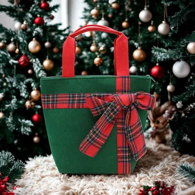Fashnzfab Plaid Bow Accent Christmas Tote Bag In Green