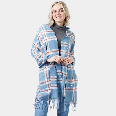 Fashnzfab Plaid Check Oblong Scarf With Tassel In Blue