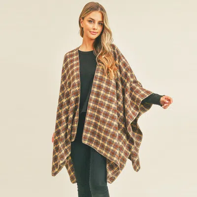 Fashnzfab Plaid Check Pattern Ruana Poncho In Brown