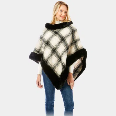 Fashnzfab Plaid Check Patterned Faux Fur Trimmed Poncho In Black