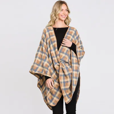 Fashnzfab Plaid Check Patterned Ruana Poncho In Brown