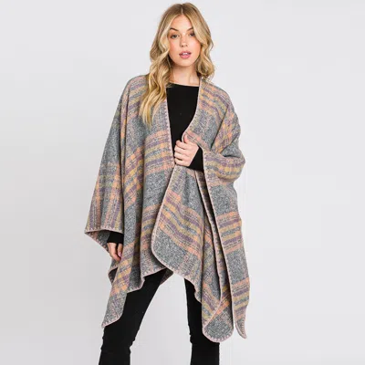 Fashnzfab Plaid Check Patterned Ruana Poncho In Gray