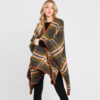 Fashnzfab Plaid Check Patterned Ruana Poncho In Green