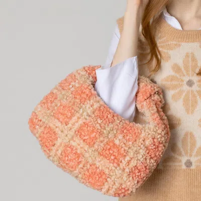 Fashnzfab Plaid Check Patterned Sherpa Tote Bag In Pink