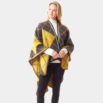 Fashnzfab Plaid Check Patterned Stitch Ruana Poncho In Yellow