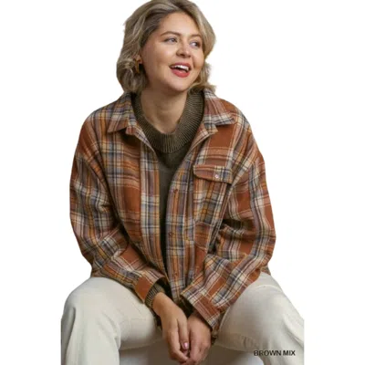 Fashnzfab Plaid Collar Button Down Overshirt With Front Pockets In Multi