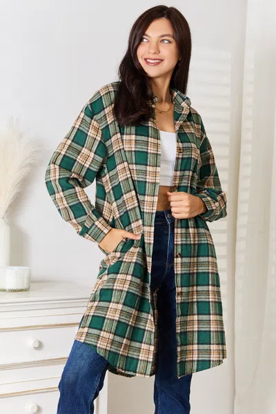 Fashnzfab Plaid Collared Neck Long Sleeve Shirt In Green
