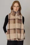 Fashnzfab Plaid Faux Fur Vest In Brown