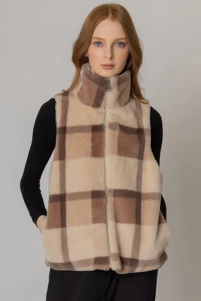 Fashnzfab Plaid Faux Fur Vest In Brown