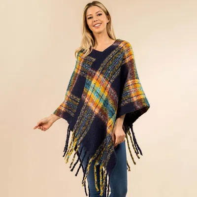 Fashnzfab Plaid Fringe Hem Poncho In Black