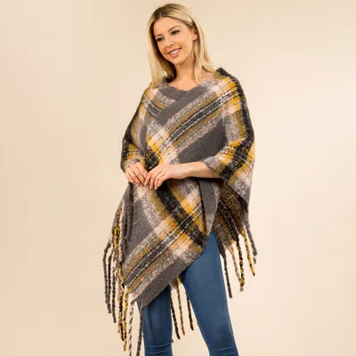 Fashnzfab Plaid Fringe Hem Poncho In Gray