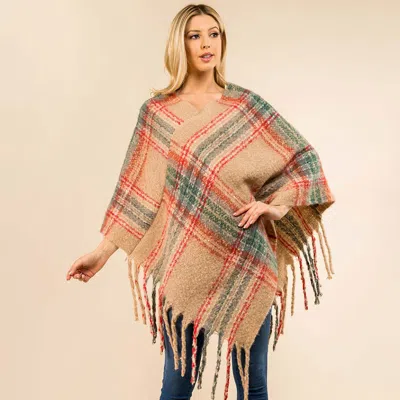 Fashnzfab Plaid Fringe Hem Poncho In Multi