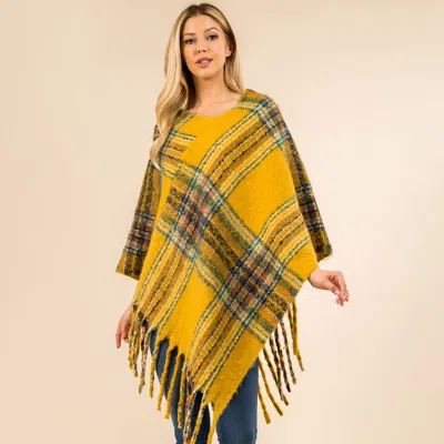 Fashnzfab Plaid Fringe Hem Poncho In Yellow