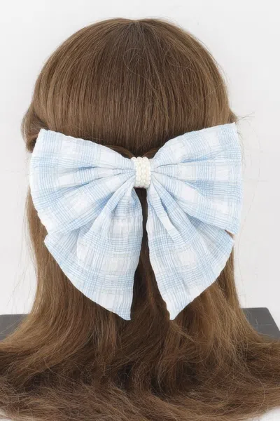 Fashnzfab Plaid Pearl Ribbon Hair Clip In Blue