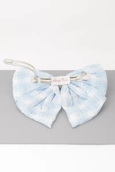 Fashnzfab Plaid Pearl Ribbon Hair Clip In Blue