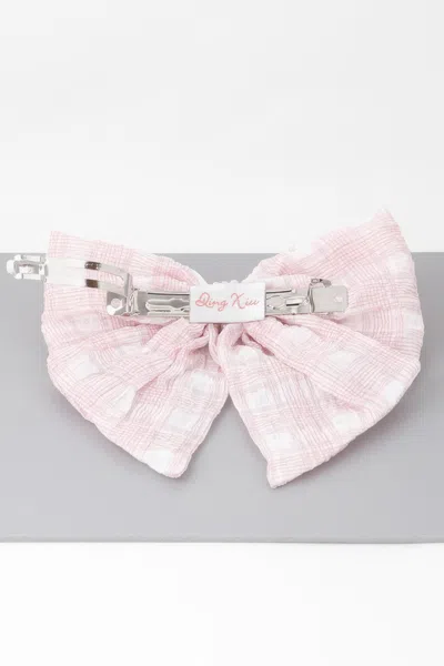 Fashnzfab Plaid Pearl Ribbon Hair Clip In Pink