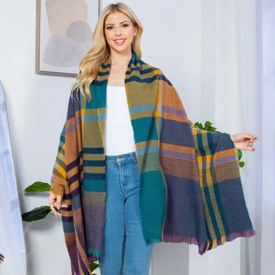 Fashnzfab Plaid Shawl Poncho Scarf In Purple
