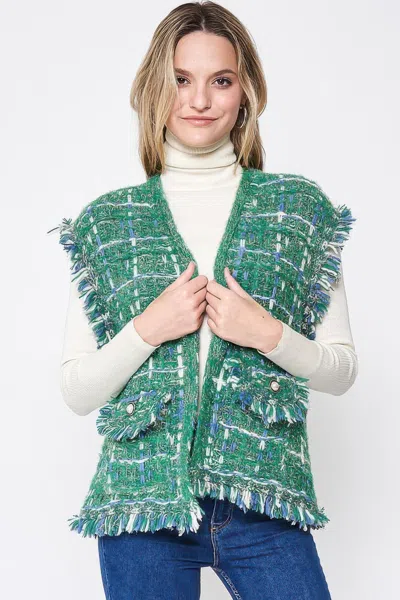 Fashnzfab Plaid Tweed Vest In Green