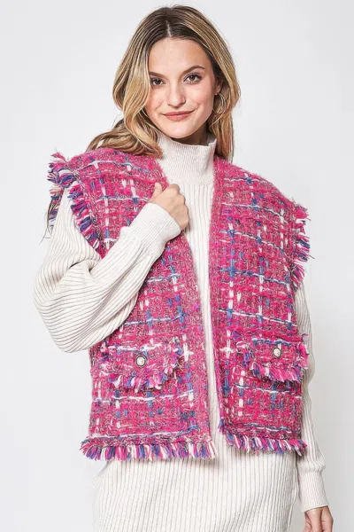 Fashnzfab Plaid Tweed Vest In Pink