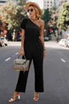 Fashnzfab Plain One Shoulder High Waist Fit Jumpsuit