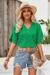Fashnzfab Plain V Neck Loose Fit Short Sleeve Blouse