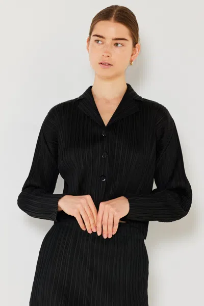 Fashnzfab Pleated Cropped Button Up Shirt In Black