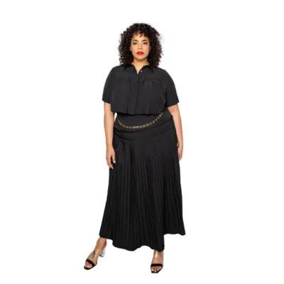 Fashnzfab Pleated Cropped Shirt And Maxi Skirt Set In Black