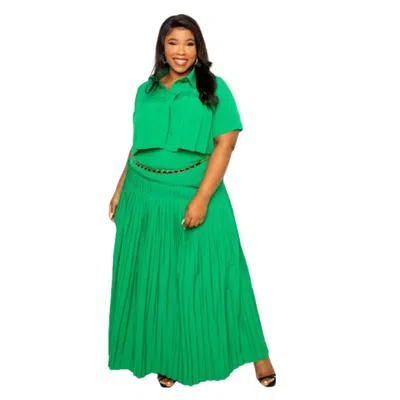 Fashnzfab Pleated Cropped Shirt And Maxi Skirt Set In Green