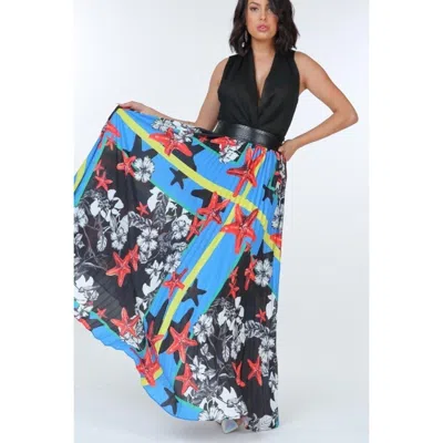 Fashnzfab Pleated Print Maxi Skirt With Leather Waist Band In Multi