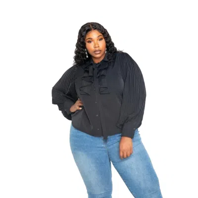 Fashnzfab Pleated Sleeve Blouse With Waterfall Frill And Bow In Black