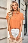 Fashnzfab Pleated Solid Short Sleeve Button Down Shirt