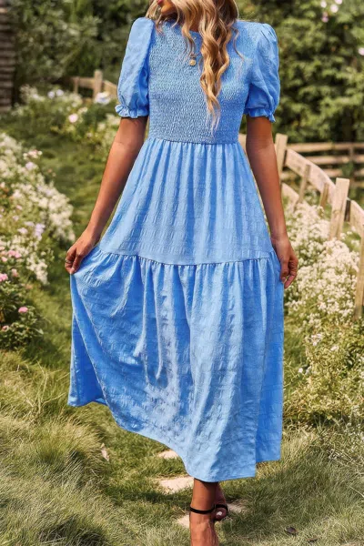 Fashnzfab Pleated Tiered Solid Short Puff Sleeve A Line Dres In Blue