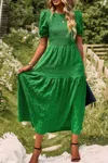 Fashnzfab Pleated Tiered Solid Short Puff Sleeve A Line Dres