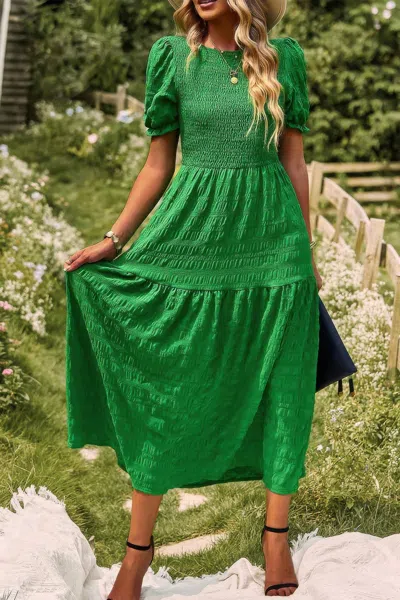 Fashnzfab Pleated Tiered Solid Short Puff Sleeve A Line Dres In Green