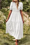 Fashnzfab Pleated Tiered Solid Short Puff Sleeve A Line Dres