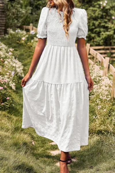 Fashnzfab Pleated Tiered Solid Short Puff Sleeve A Line Dres In White