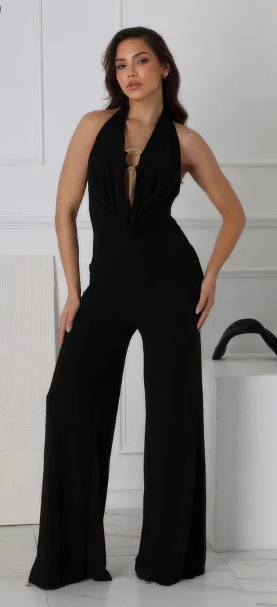 Fashnzfab Plunge Cowl Neck Drape Sexy Jumpsuit With O Ring