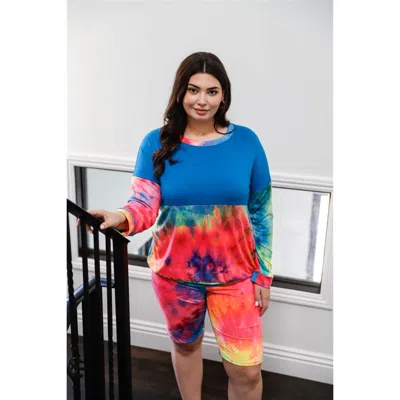 Fashnzfab Plus Blue Neon Rainbow Tie-dye Colorblock Long Sleeve Top & Biker Shorts Set