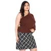 Fashnzfab Plus Brown Ribbed Textured One Shoulder Top In Brown