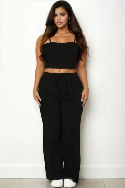 Fashnzfab Plus Bustier Crop Cami Top & Slant Pocket Straight Pants In Black