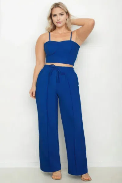 Fashnzfab Plus Bustier Crop Cami Top & Slant Pocket Straight Pants In Blue