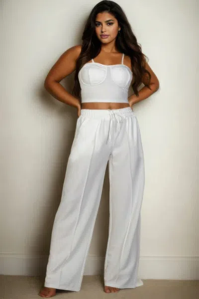Fashnzfab Plus Bustier Crop Cami Top & Slant Pocket Straight Pants In White