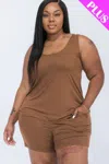 Fashnzfab Plus Comfy Tank Top & Shorts Set In Brown