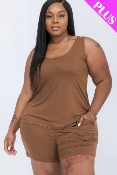 Fashnzfab Plus Comfy Tank Top & Shorts Set In Brown