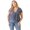 Fashnzfab Plus Denim Blue Ribbed U-shape Neck Flare Hem Tie Top In Multi