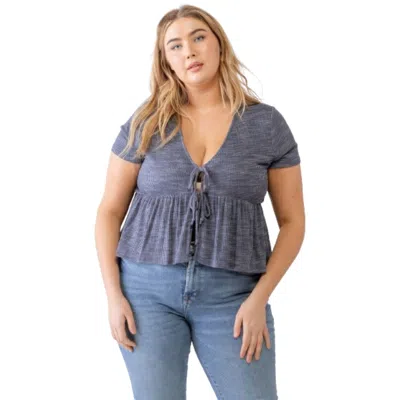 Fashnzfab Plus Denim Blue Ribbed U-shape Neck Flare Hem Tie Top In Multi