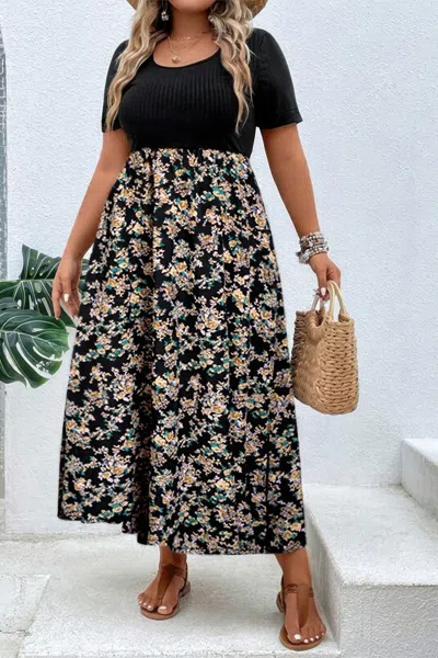 Fashnzfab Plus Floral Print Elastic Fit High Waist Dress In Black