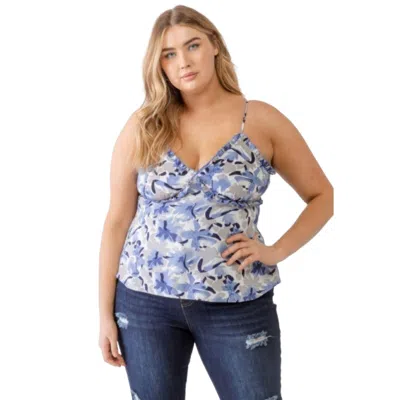 Fashnzfab Plus Floral Print Woven Ruffle Sleeveless Back Zipper Tank Top In Blue