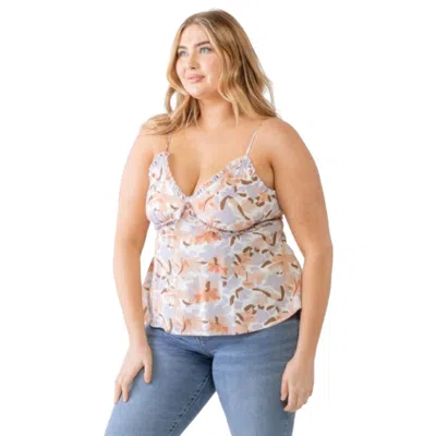 Fashnzfab Plus Floral Print Woven Ruffle Sleeveless Back Zipper Tank Top In Purple